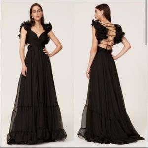 MAC DUGGAL 67911 Ruffle Tiered Cut Out Chiffon
Gown Black Lined V Neck 4 NEW
